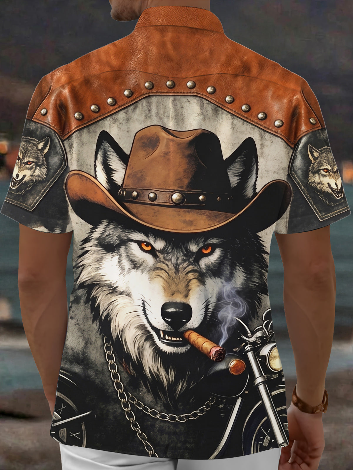 Adaychic Men's Graphic Wolf In Cowboy Hat Print Short Sleeve Shirt with Chest Pocket