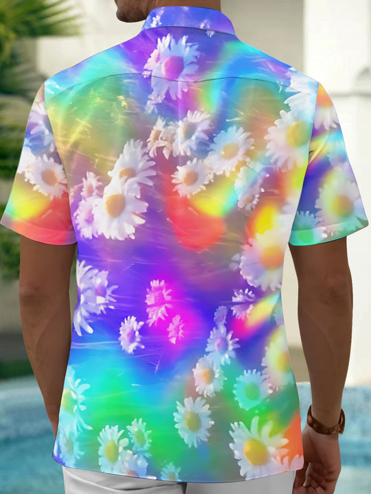 Adaychic Colorful Gradient Daisy Flowers Short Sleeve Shirt with Chest Pocket