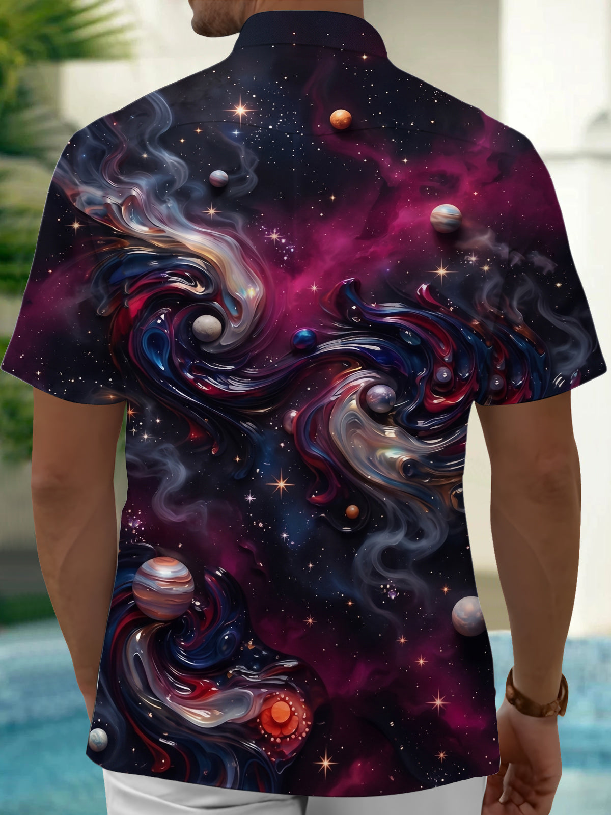 Adaychic Men's Printed Space Nebula Print Planets Print Short Sleeve Shirt with Chest Pocket