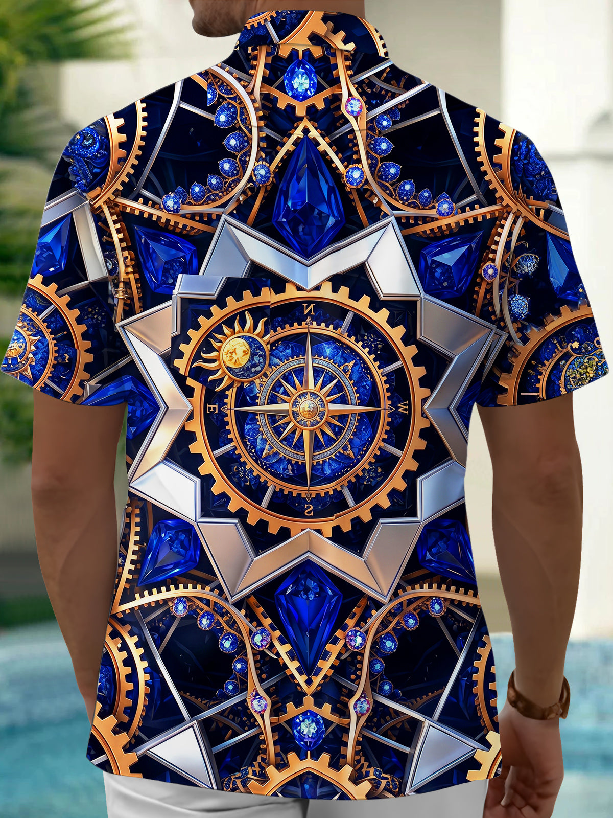 Adaychic Men's Steampunk Compass Gears And Gemstones Print Short Sleeve Shirt with Chest Pocket