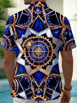 Adaychic Men's Steampunk Compass Gears And Gemstones Print Short Sleeve Shirt with Chest Pocket