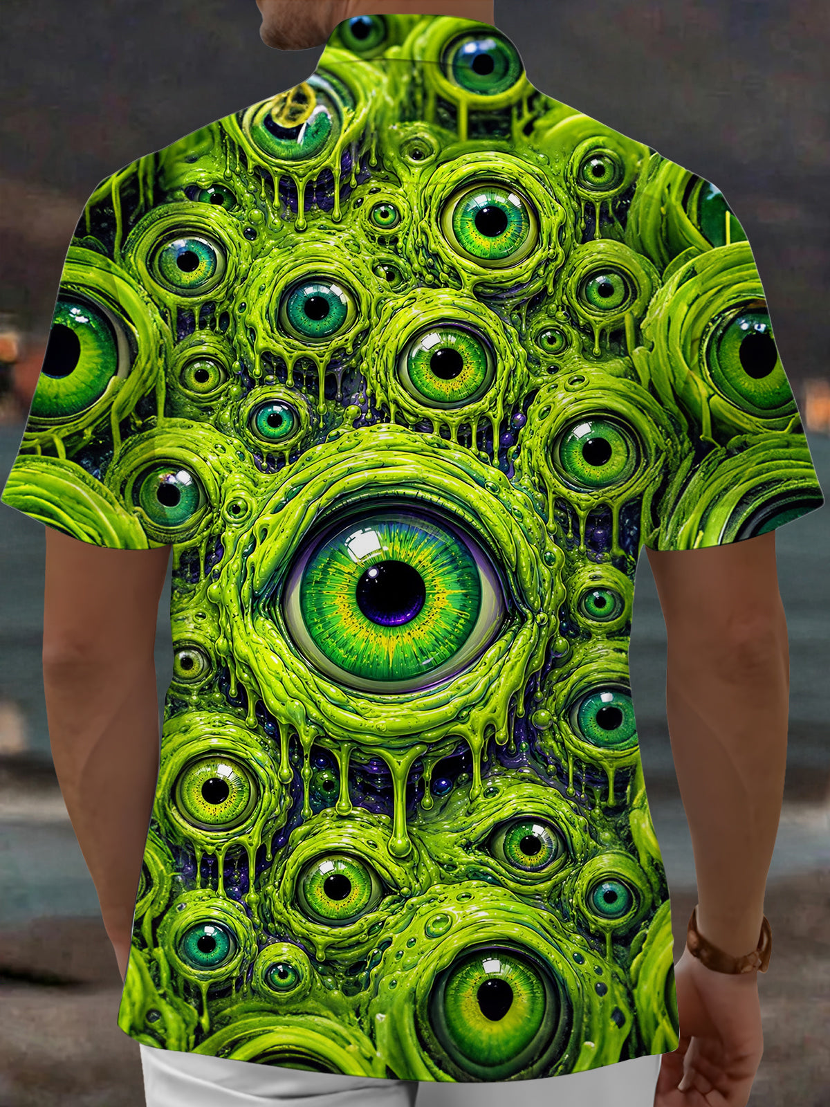 Adaychic Men's Graphic Green Slime Eyes Print Short Sleeve Shirt with Chest Pocket