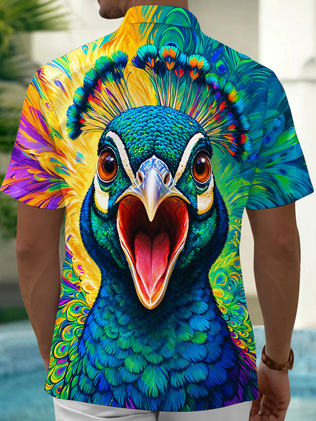 Adaychic Men's Hawaiian Colorful Peacock Head Print Short Sleeve Shirt with Chest Pocket