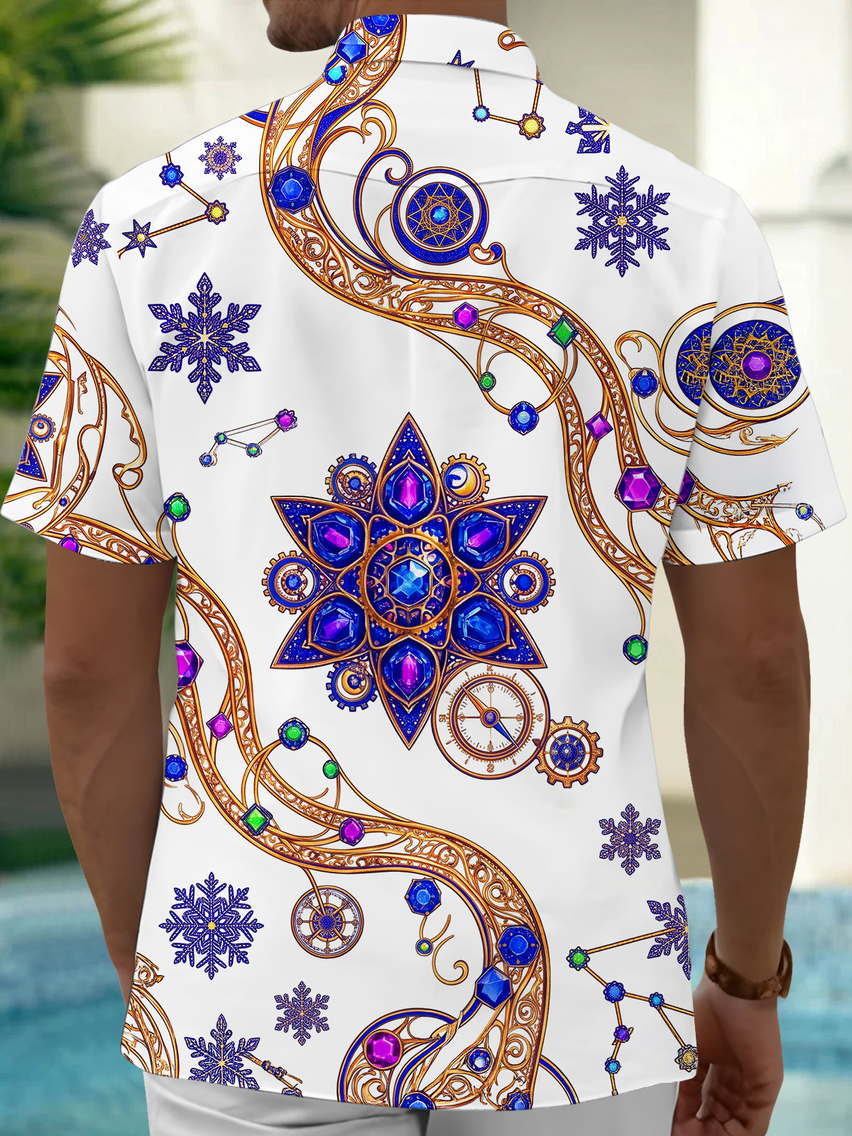 Adaychic Men's Printed Snowflakes And Constellations Print Short Sleeve Shirt with Chest Pocket