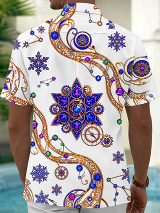 Adaychic Men's Printed Snowflakes And Constellations Print Short Sleeve Shirt with Chest Pocket