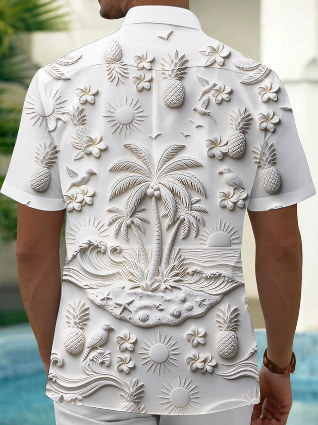 Adaychic Men's Hawaiian Palm Trees And Beach Scene Print Short Sleeve Shirt with Chest Pocket