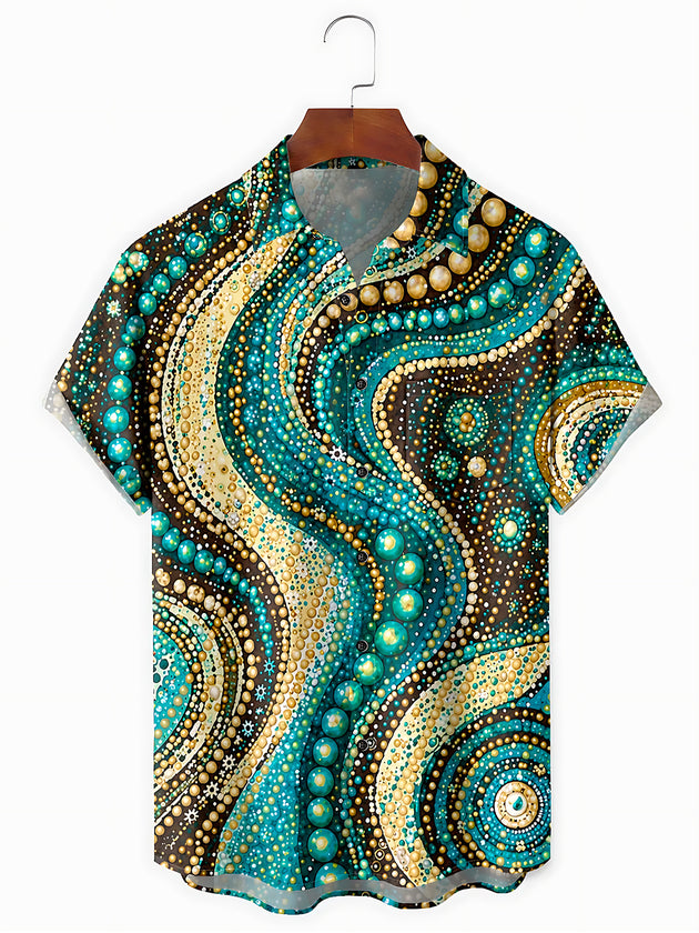 Vintage Abstract Geometry Art Beads Print Men's Pocket Short Sleeve Shirts
