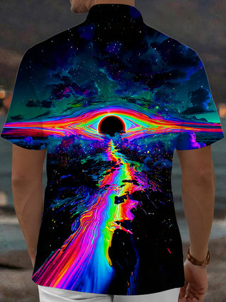 Adaychic Men's Graphic Rainbow Eclipse Print Short Sleeve Shirt with Chest Pocket