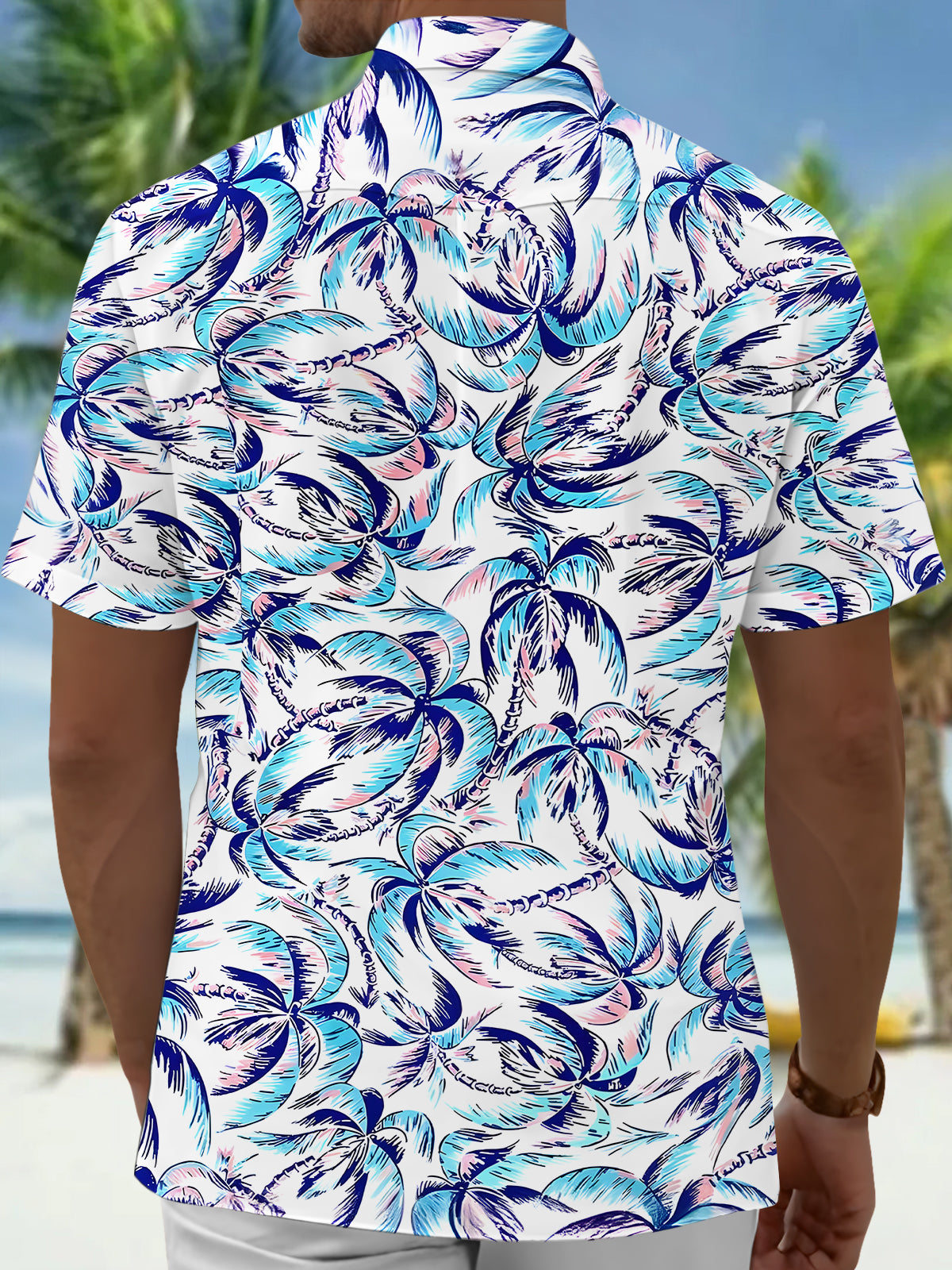 Men's Hawaiian coconut tree pocket short sleeve shirt back view