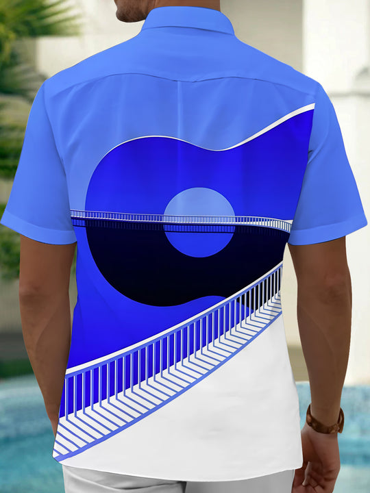 Adaychic Men's Printed Abstract Geometric Bridge Print Short Sleeve Shirt with Chest Pocket