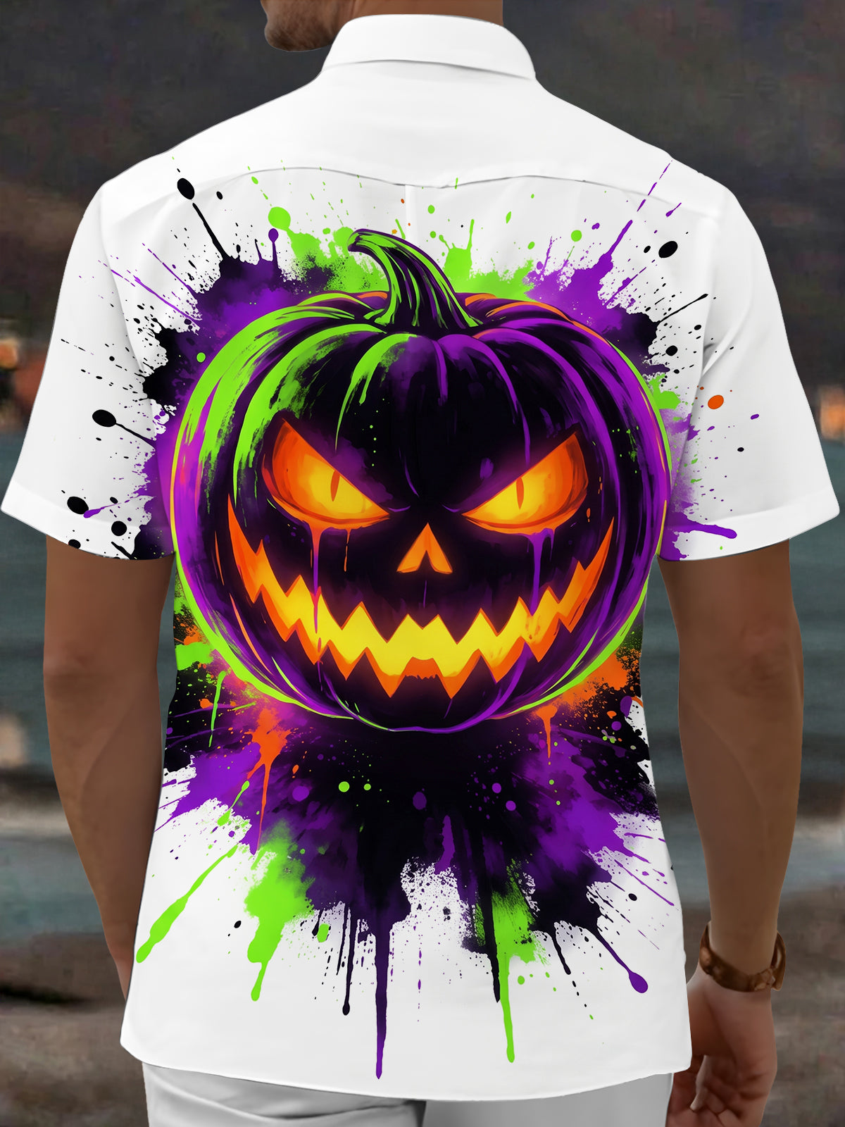 Adaychic Men's Short Sleeve Shirt - Halloween Jack-o-lantern Pumpkin With Paint Splatter Print with Chest Pocket