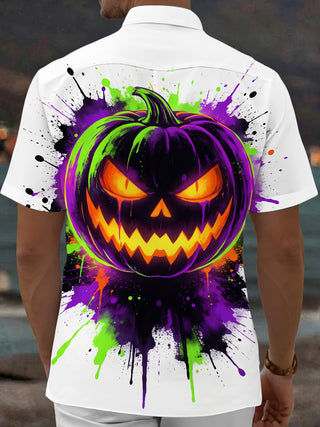 Adaychic Men's Short Sleeve Shirt - Halloween Jack-o-lantern Pumpkin With Paint Splatter Print with Chest Pocket