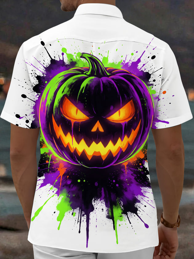 Adaychic Men's Short Sleeve Shirt - Halloween Jack-o-lantern Pumpkin With Paint Splatter Print with Chest Pocket