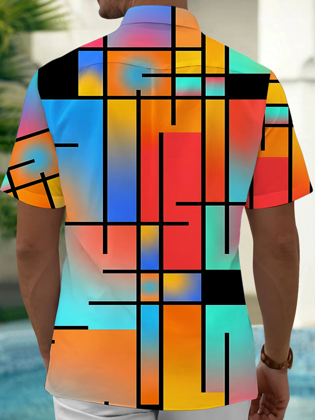 Adaychic Men's Colorful Geometric Grid Print Short Sleeve Shirt with Chest Pocket