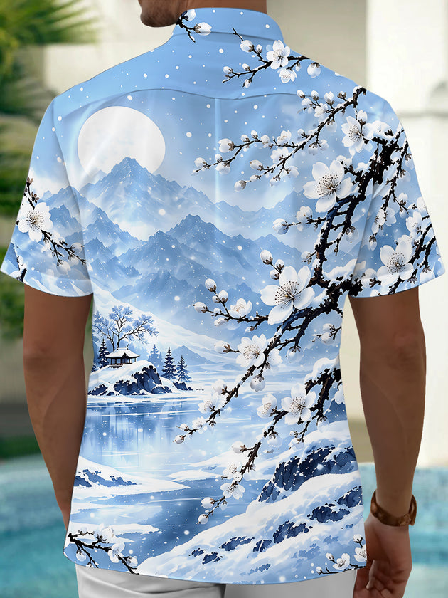 Adaychic Men's Short Sleeve Shirt - Winter Snowy Landscape With Cherry Blossoms Print with Chest Pocket