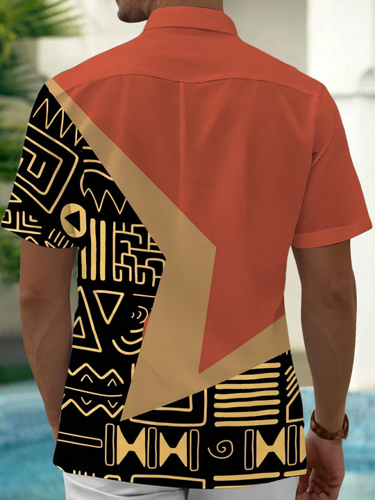 Adaychic Men's Vintage Style Tribal Geometric Pattern Short Sleeve Shirt with Chest Pocket