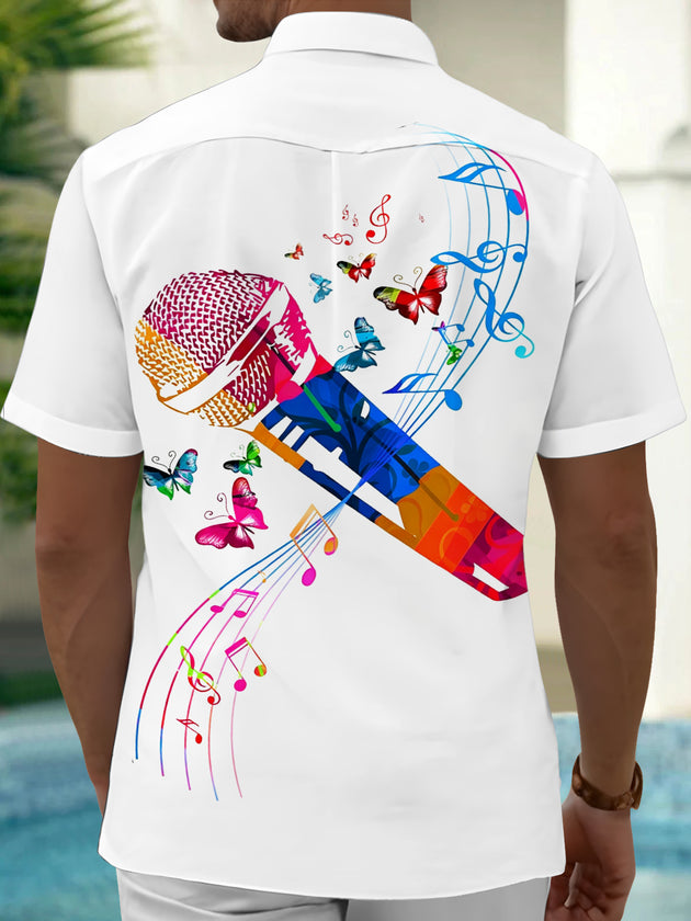 Adaychic Men's Graphic Colorful Microphone Print Short Sleeve Shirt with Chest Pocket