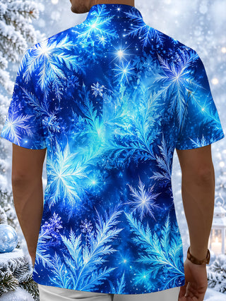 Adaychic Men's Printed Snowflakes Print Short Sleeve Shirt with Chest Pocket