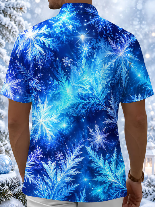 Adaychic Men's Printed Snowflakes Print Short Sleeve Shirt with Chest Pocket