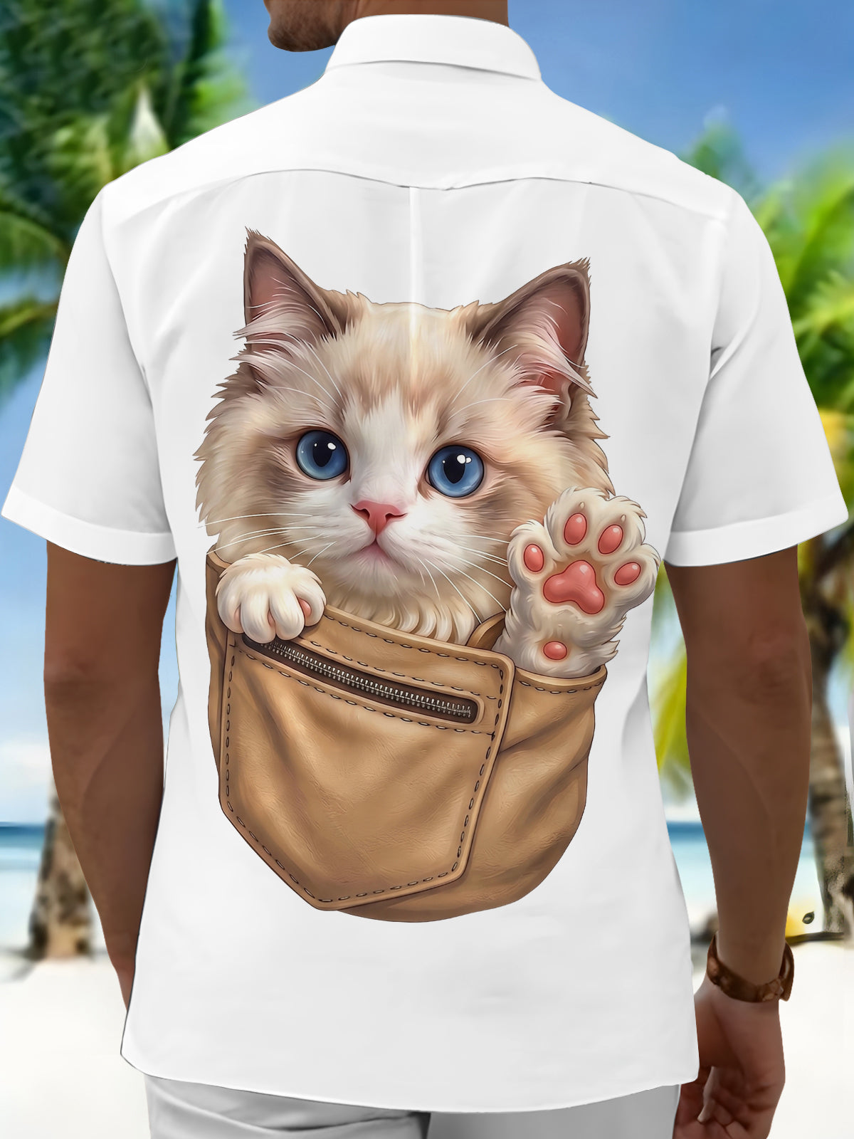 Adaychic Men's Printed Ragdoll Cat Print Pocket Design Print Short Sleeve Shirt with Chest Pocket