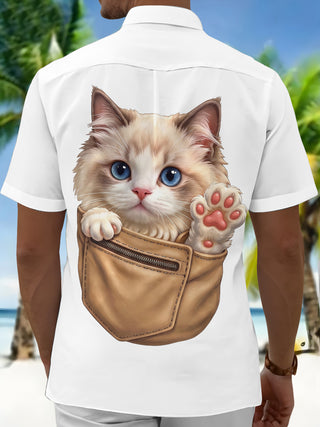 Adaychic Men's Printed Ragdoll Cat Print Pocket Design Print Short Sleeve Shirt with Chest Pocket