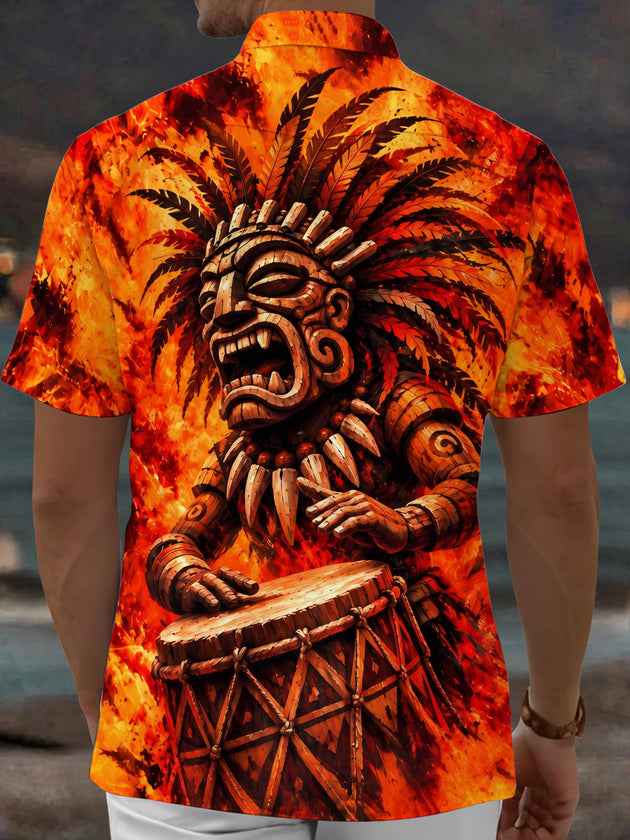 Adaychic Men's Hawaiian Tiki Mask And Drum Print Short Sleeve Shirt with Chest Pocket