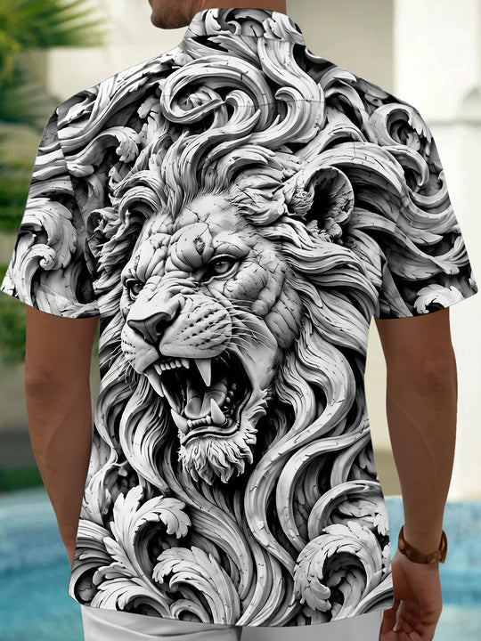 Adaychic Men's Graphic 3D Carved Lion Head Print Short Sleeve Shirt with Chest Pocket