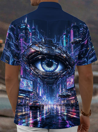 Adaychic Men's Cyberpunk Cityscape With Mechanical Eye Print Short Sleeve Shirt with Chest Pocket