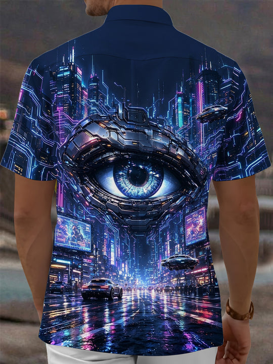 Adaychic Men's Cyberpunk Cityscape With Mechanical Eye Print Short Sleeve Shirt with Chest Pocket