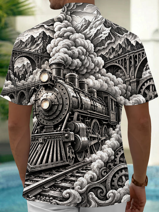 Adaychic Men's Vintage Steam Train And Gears Print Short Sleeve Shirt with Chest Pocket