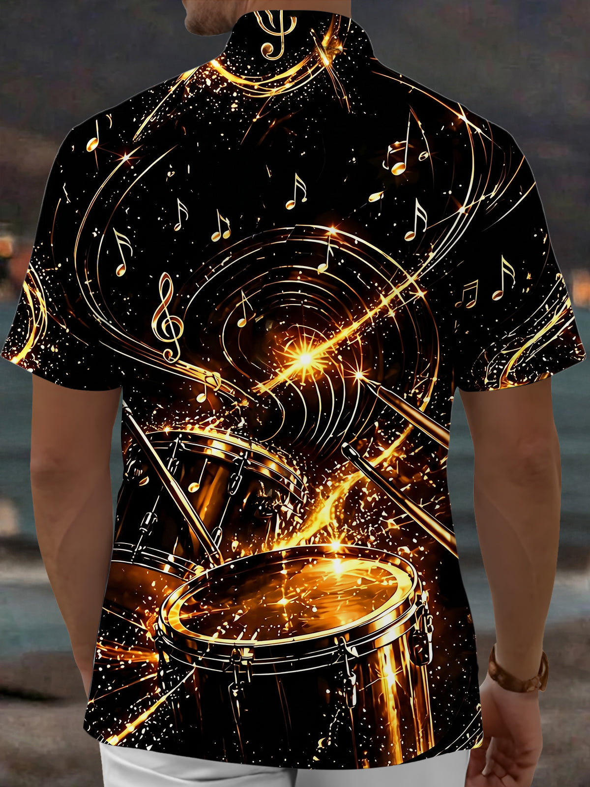 Adaychic Men's Graphic Golden Drum Set Print Short Sleeve Shirt with Chest Pocket