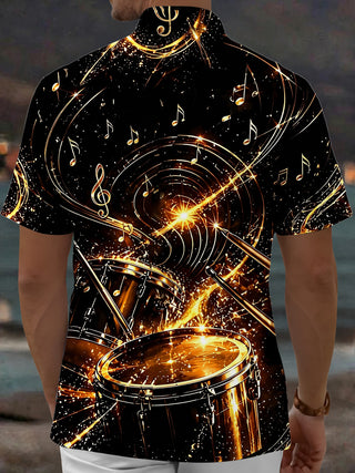 Adaychic Men's Graphic Golden Drum Set Print Short Sleeve Shirt with Chest Pocket