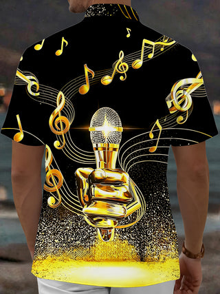 Adaychic Men's Graphic Golden Microphone Print Short Sleeve Shirt with Chest Pocket
