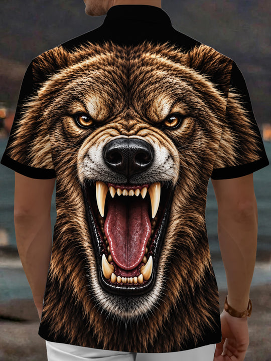 Adaychic Men's Graphic Roaring Bear Face Print Short Sleeve Shirt with Chest Pocket