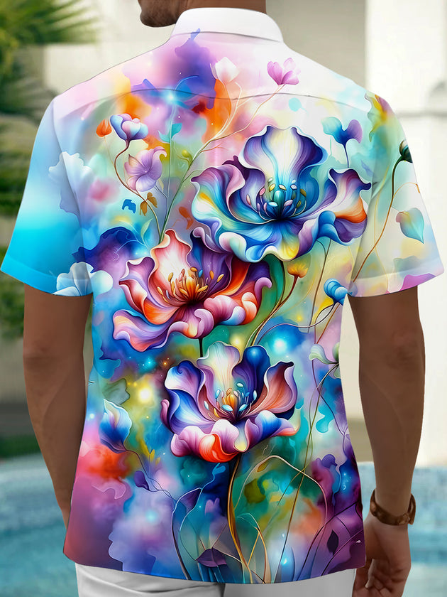 Men's Hawaiian floral pocket short sleeve shirt back view