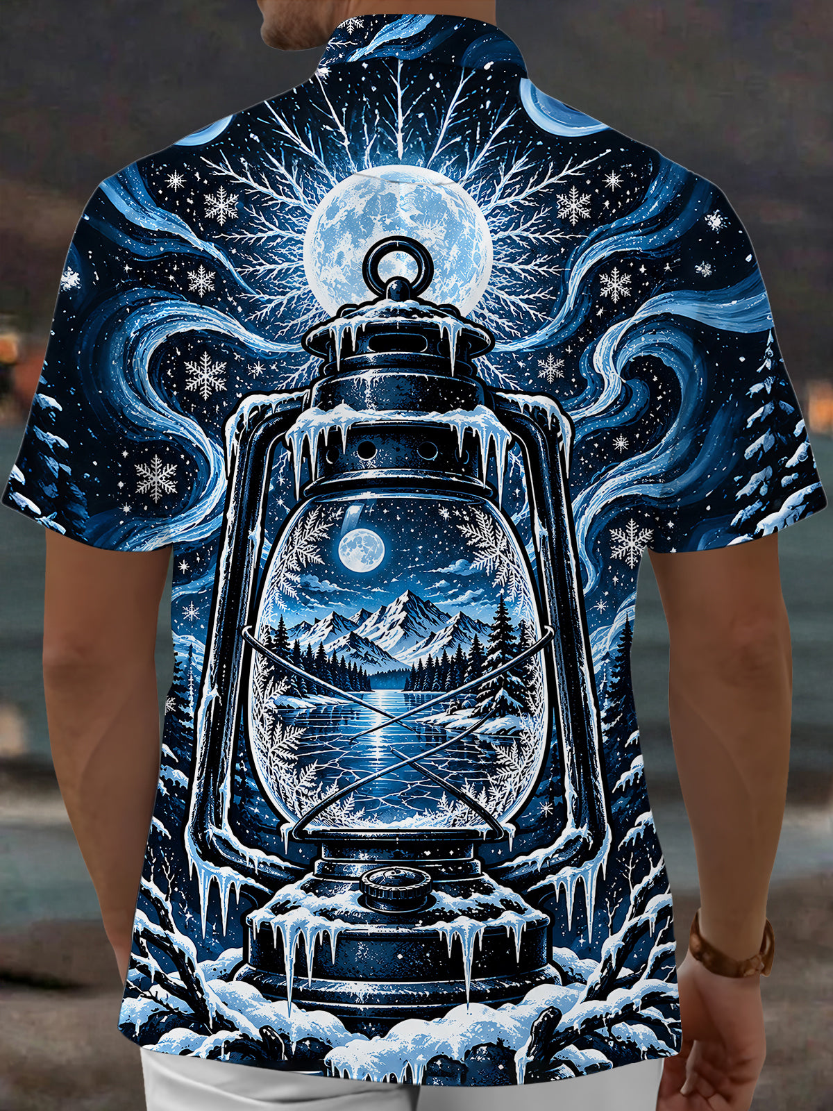 Adaychic Men's Short Sleeve Shirt - Vintage Kerosene Lantern With Winter Landscape Print with Chest Pocket
