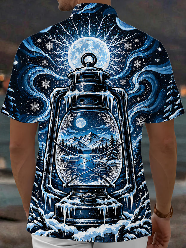 Adaychic Men's Short Sleeve Shirt - Vintage Kerosene Lantern With Winter Landscape Print with Chest Pocket