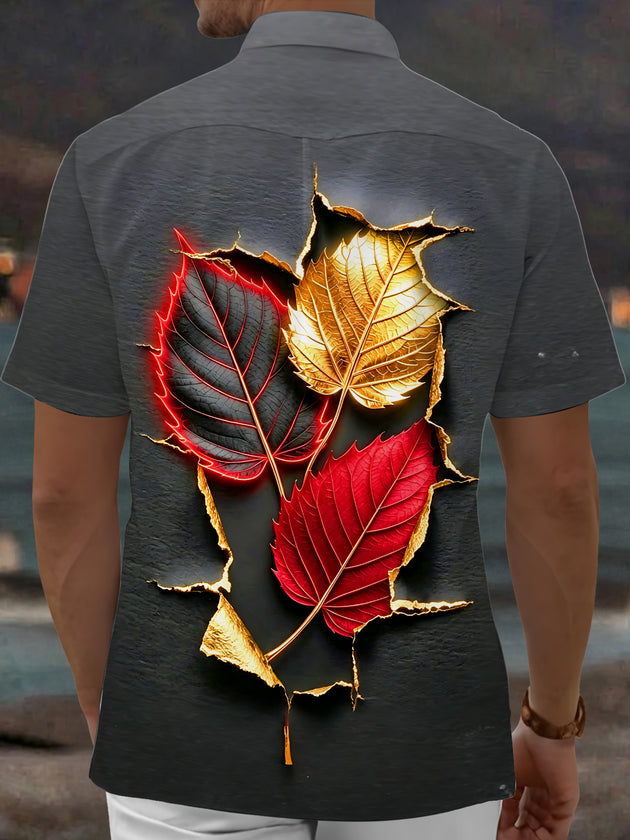Adaychic Men's 3D Autumn Leaves Print Tearing Effect Print Short Sleeve Shirt with Chest Pocket