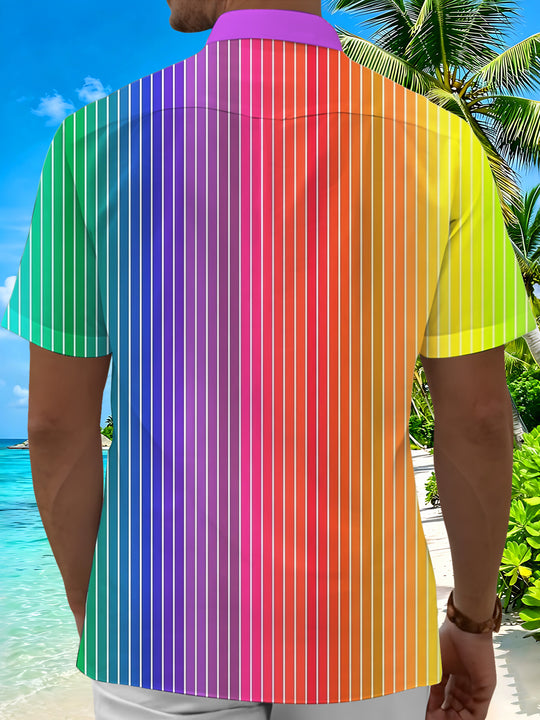 Adaychic Men's Striped Rainbow Gradient Stripes Print Short Sleeve Shirt with Chest Pocket