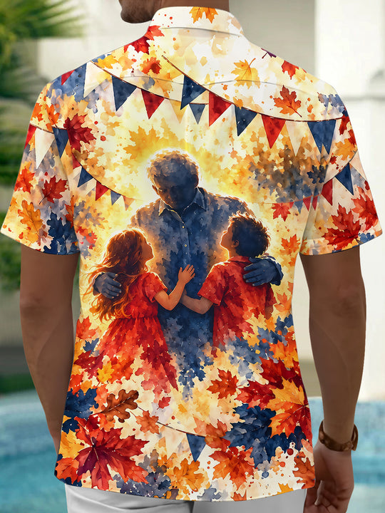Adaychic Men's Veterans Day Veteran Hug Grandchildren Print Short Sleeve Shirt with Chest Pocket