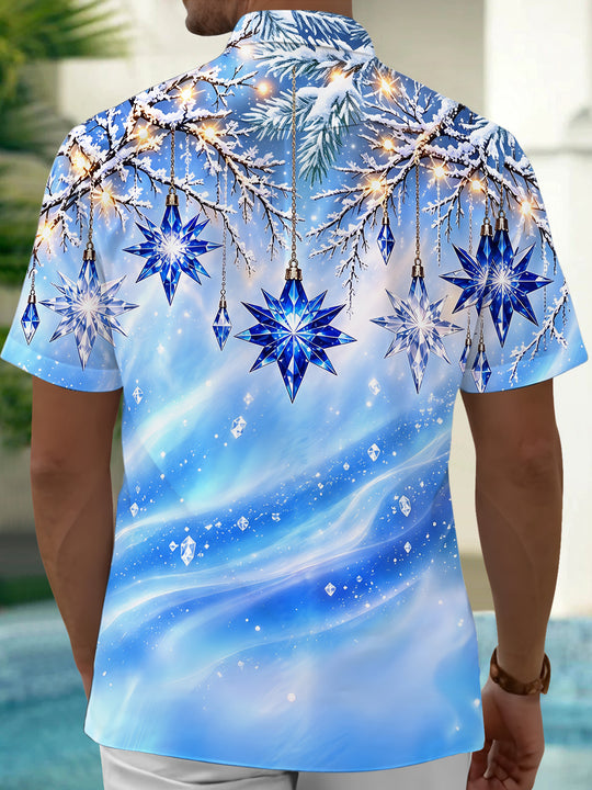 Adaychic Men's Blue Crystal Stars And Snowy Branches Print Short Sleeve Shirt with Chest Pocket
