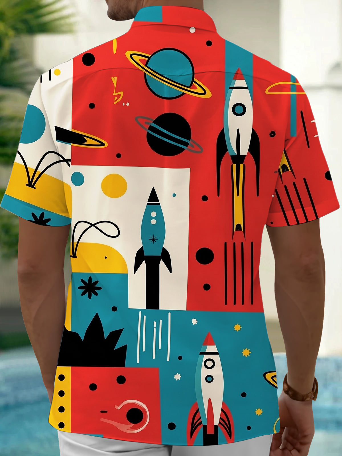 Adaychic Men's Retro Space Rocket Graphic Print Short Sleeve Button Down Shirt with Chest Pocket