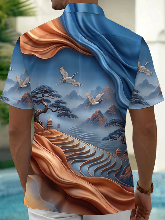 Adaychic Men's Printed Flying Cranes Print Short Sleeve Shirt with Chest Pocket