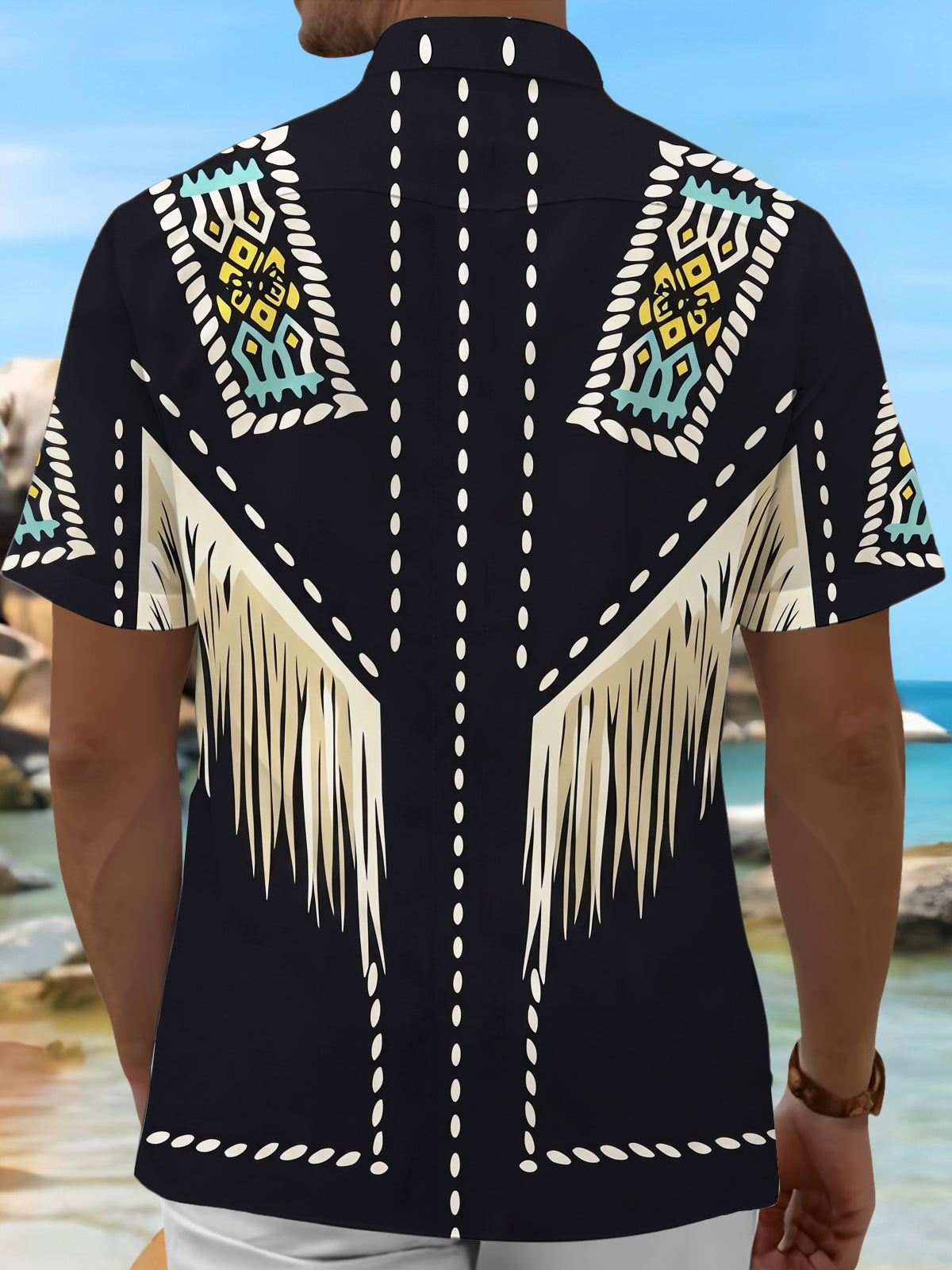 Adaychic Men's Patterned Geometric Pattern Fringe Print Short Sleeve Shirt with Chest Pocket