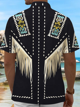 Adaychic Men's Patterned Geometric Pattern Fringe Print Short Sleeve Shirt with Chest Pocket