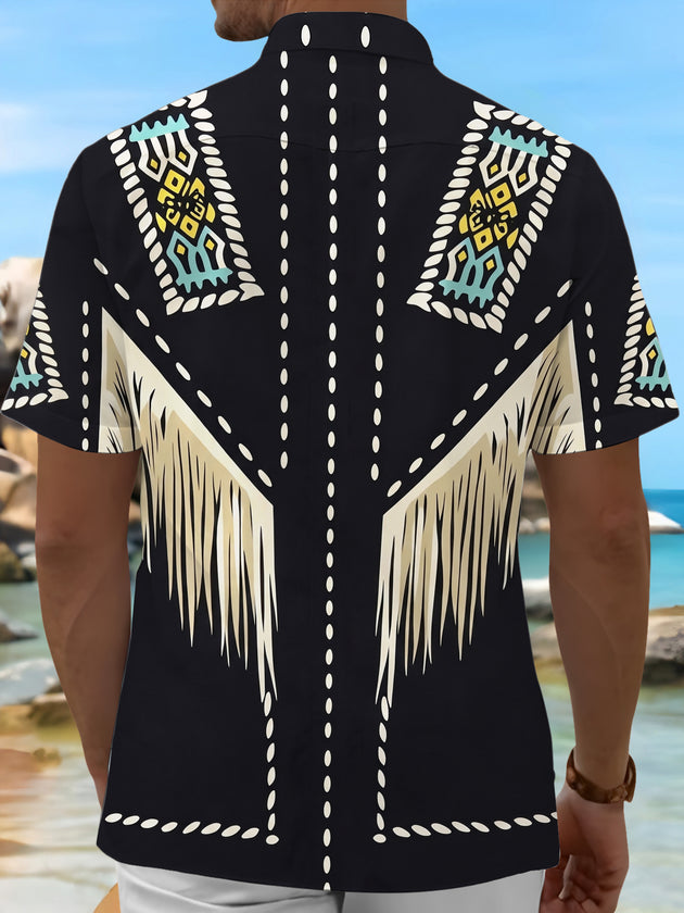 Adaychic Men's Patterned Geometric Pattern Fringe Print Short Sleeve Shirt with Chest Pocket