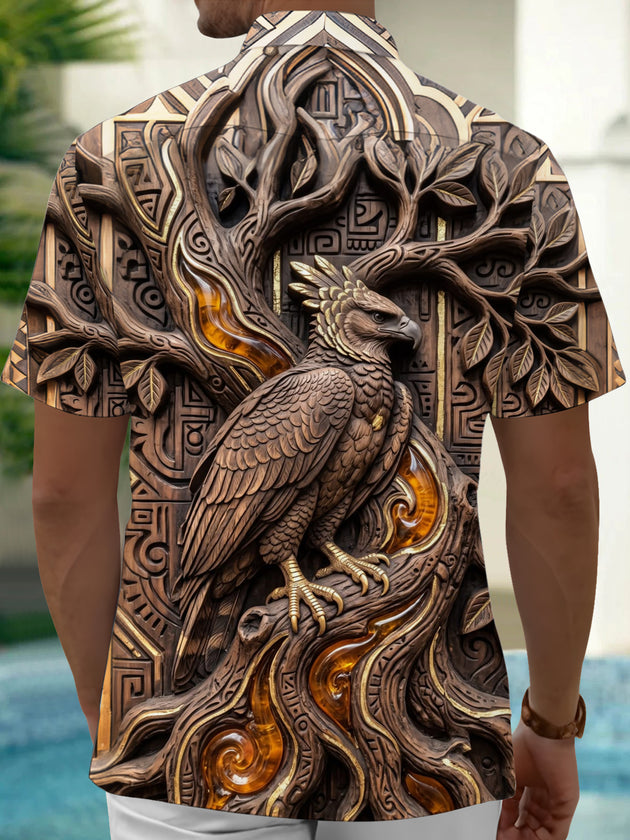 Adaychic Men's Printed 3D Wood Carved Eagle Print Short Sleeve Shirt with Chest Pocket