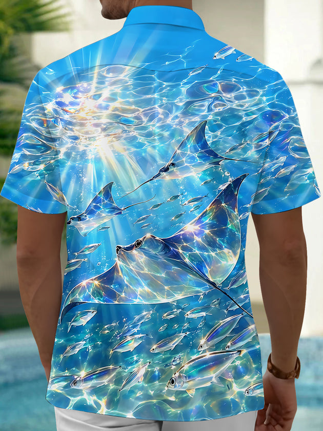 Adaychic Men's Hawaiian Manta Ray Print Ocean Water Print Short Sleeve Shirt with Chest Pocket