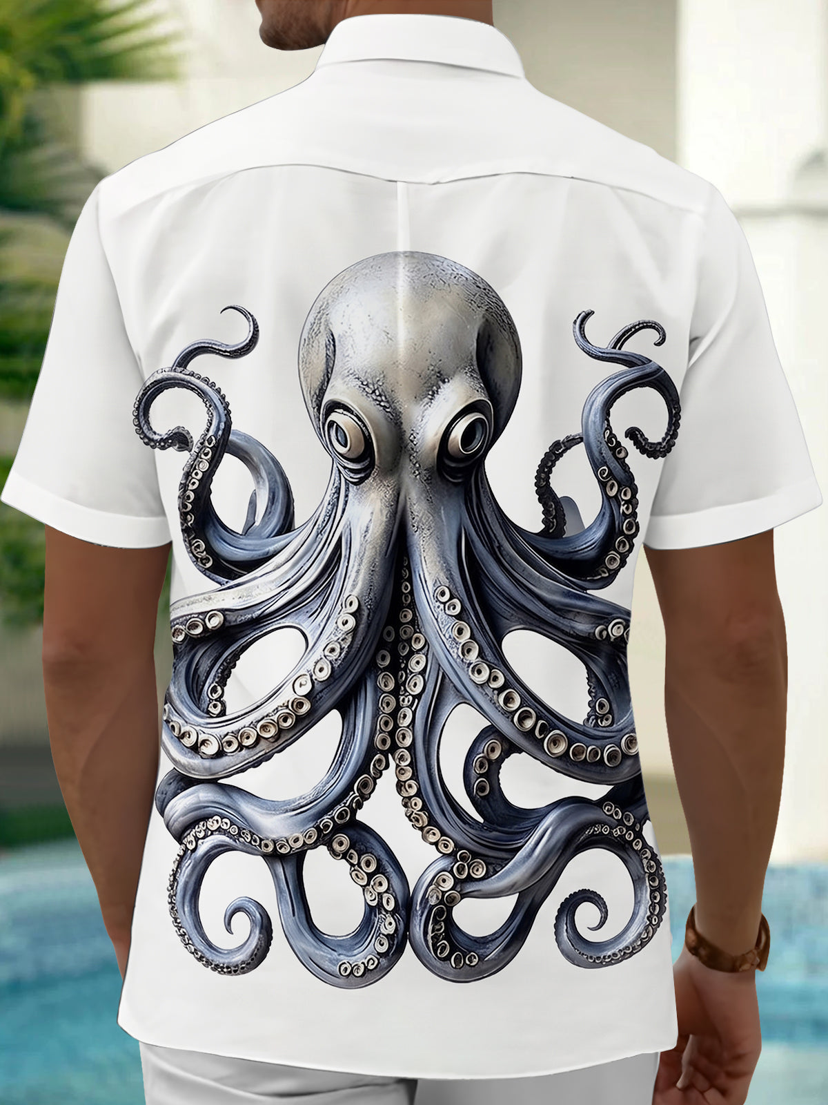 Adaychic Men's Graphic 3D Octopus Print Short Sleeve Button Down Shirt with Chest Pocket