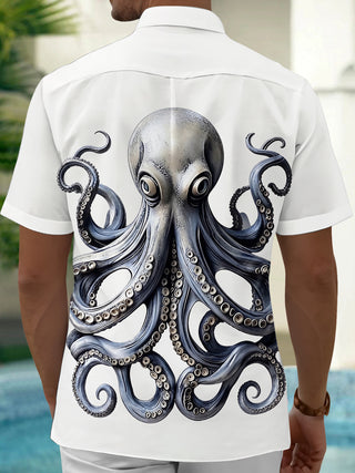 Adaychic Men's Graphic 3D Octopus Print Short Sleeve Button Down Shirt with Chest Pocket